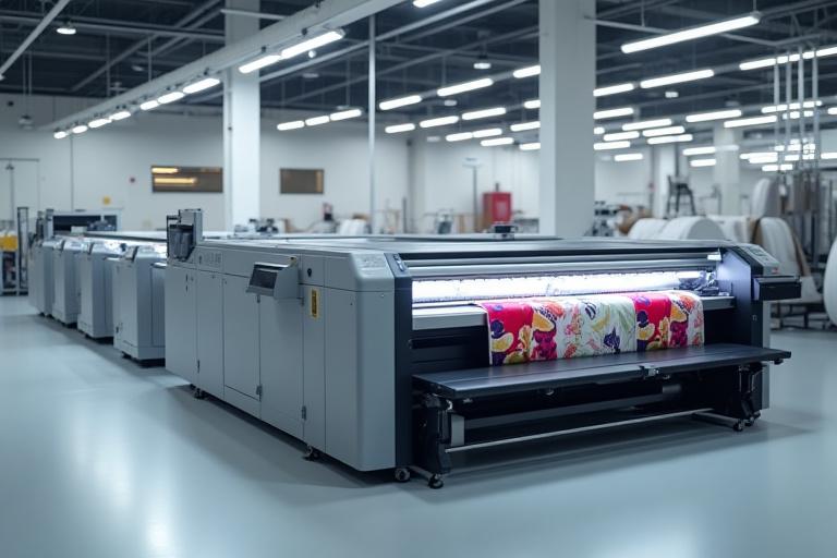 A state-of-the-art digital textile printing machine in a clean, modern production facility, demonstrating advanced technological capabilities.